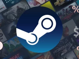 Logotipo do Steam com jogos variados ao fundo, destacando o vencedor do Steam Deck 2023 em oferta com 50% de desconto.