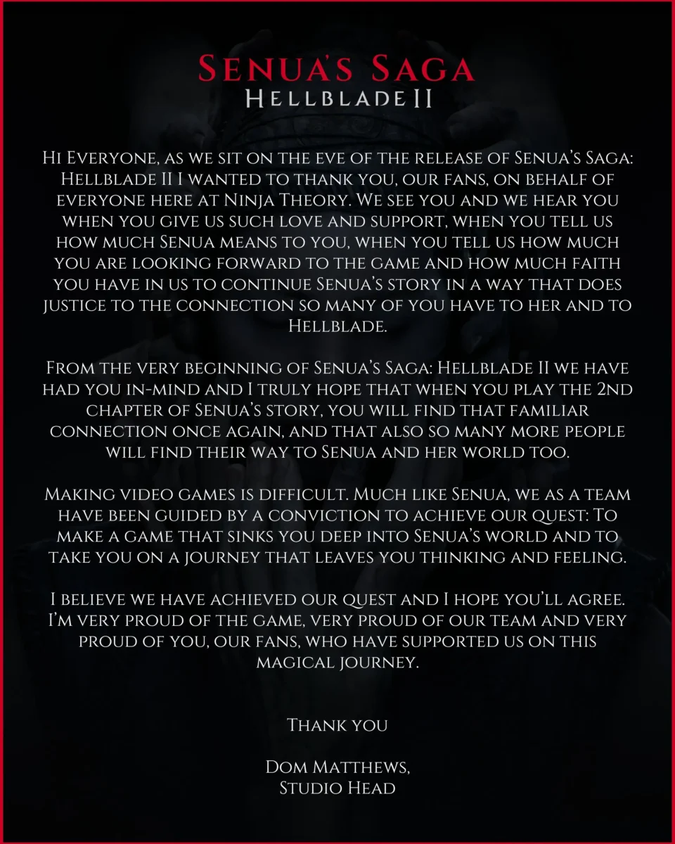 Comunicado dos desenvovledores de Senua's Saga: Hellblade II