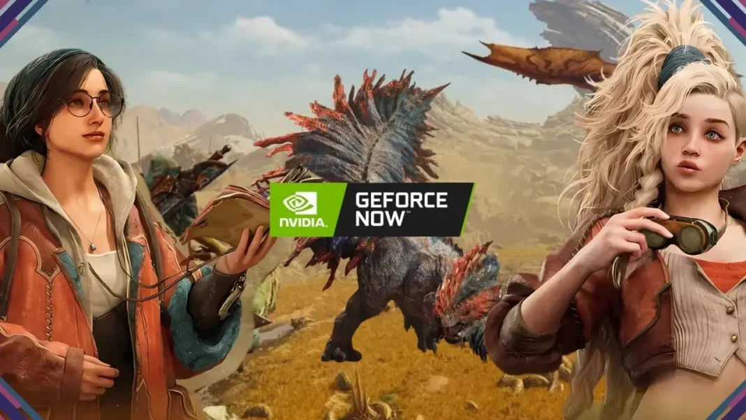 Caçador enfrentando monstro em Monster Hunter Wilds rodando no Nvidia GeForce Now com gráficos otimizados.