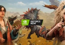 Caçador enfrentando monstro em Monster Hunter Wilds rodando no Nvidia GeForce Now com gráficos otimizados.