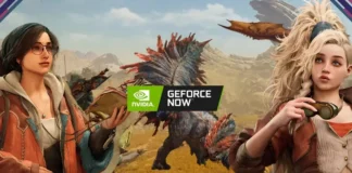 Caçador enfrentando monstro em Monster Hunter Wilds rodando no Nvidia GeForce Now com gráficos otimizados.